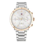 TOMMY HILFIGER 1782348 A stylish Tommy Hilfiger watch featuring a silver dial, rose gold accents, and a silver metal bracelet.